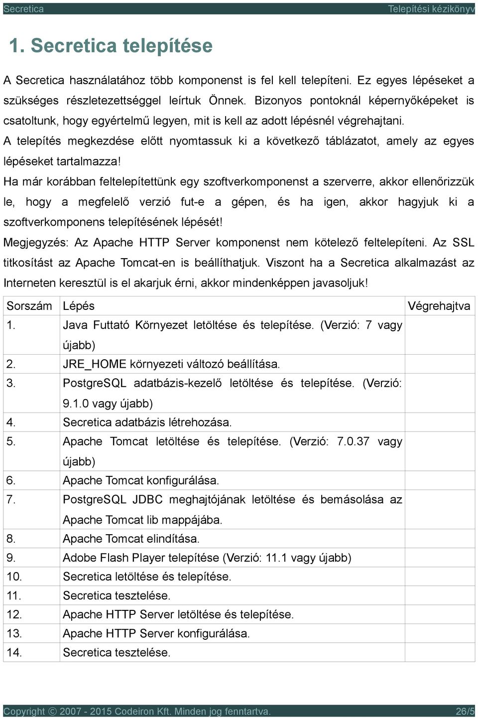 A telepítés megkezdése előtt nyomtassuk ki a következő táblázatot, amely az egyes lépéseket tartalmazza!