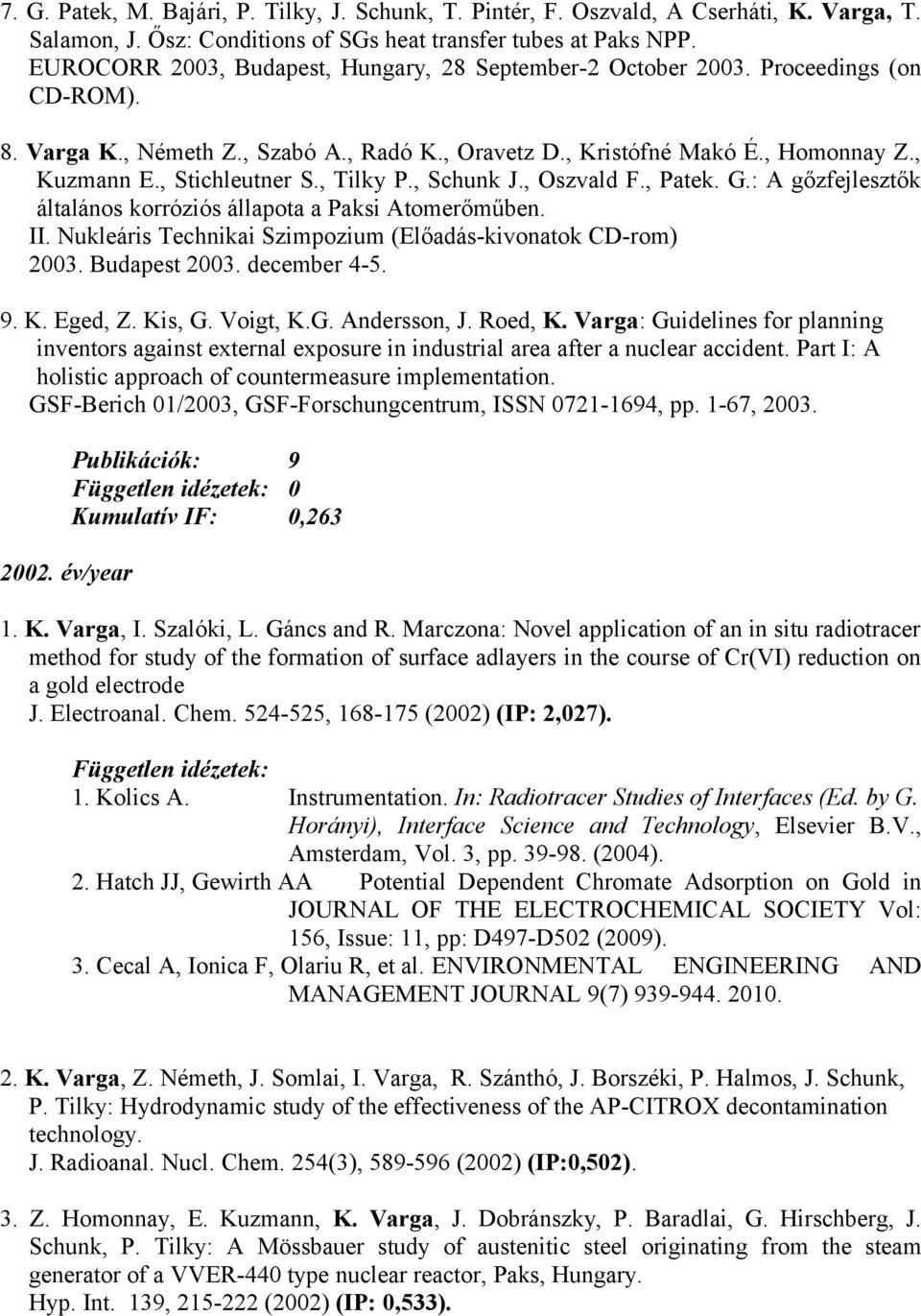 , Stichleutner S., Tilky P., Schunk J., Oszvald F., Patek. G.: A gőzfejlesztők általános korróziós állapota a Paksi Atomerőműben. II. Nukleáris Technikai Szimpozium (Előadás-kivonatok CD-rom) 2003.