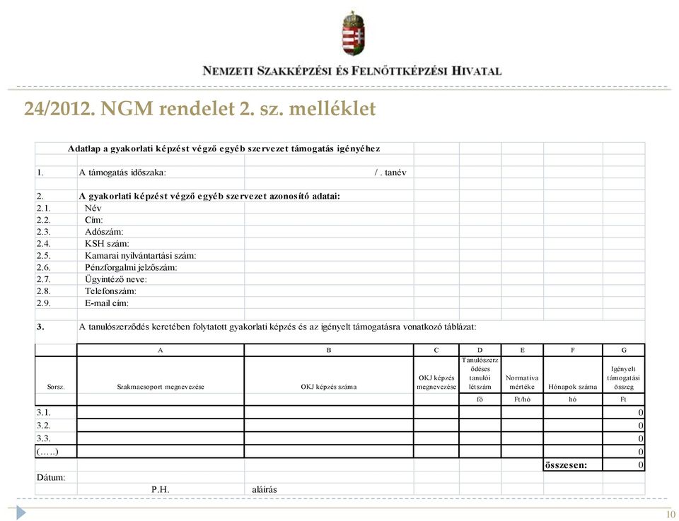 A tanulószerződés keretében folytatott gyakorlati képzés és az igényelt támogatásra vonatkozó táblázat: A B C D E F G Sorsz.