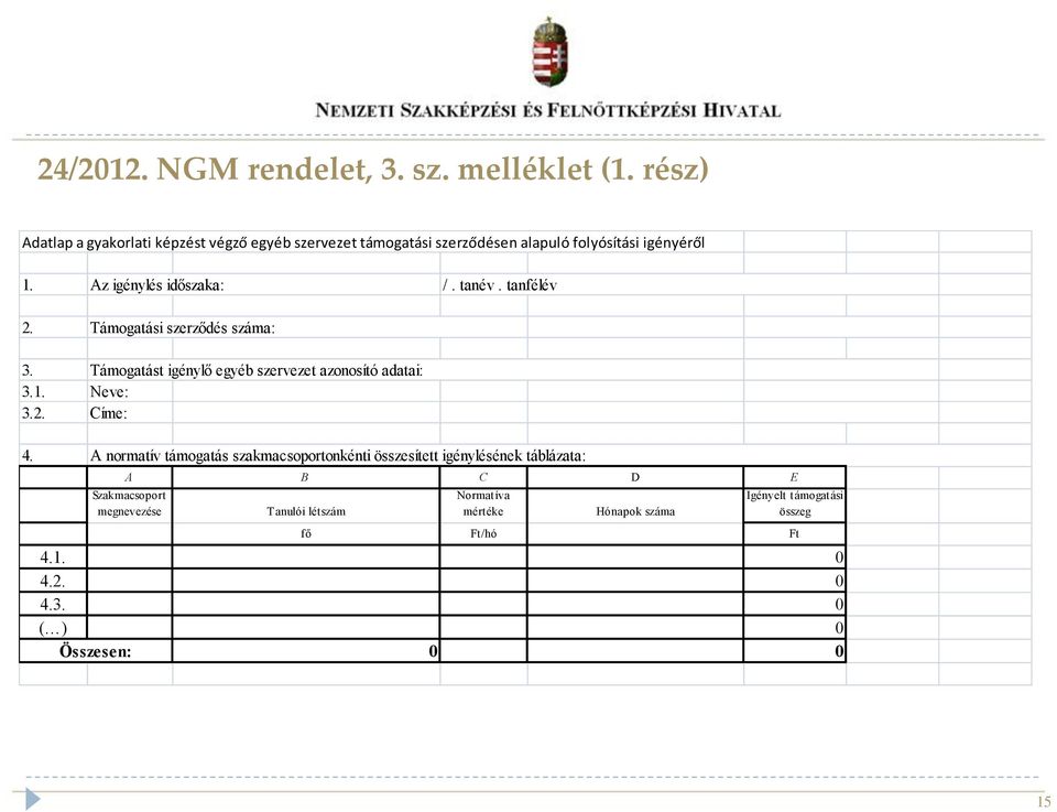 Az igénylés időszaka: Támogatási szerződés száma: /. tanév. tanfélév 3. Támogatást igénylő egyéb szervezet azonosító adatai: 3.1. Neve: 3.