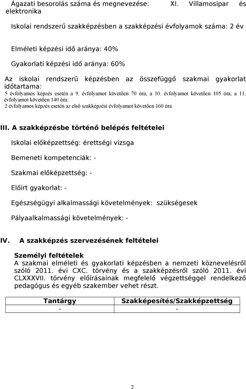 szakmai gyakorlat időtartama: 5 évfolyamos képzés esetén a 9. évfolyamot követően 70 óra, a 10. évfolyamot követően 105 óra, a 11.