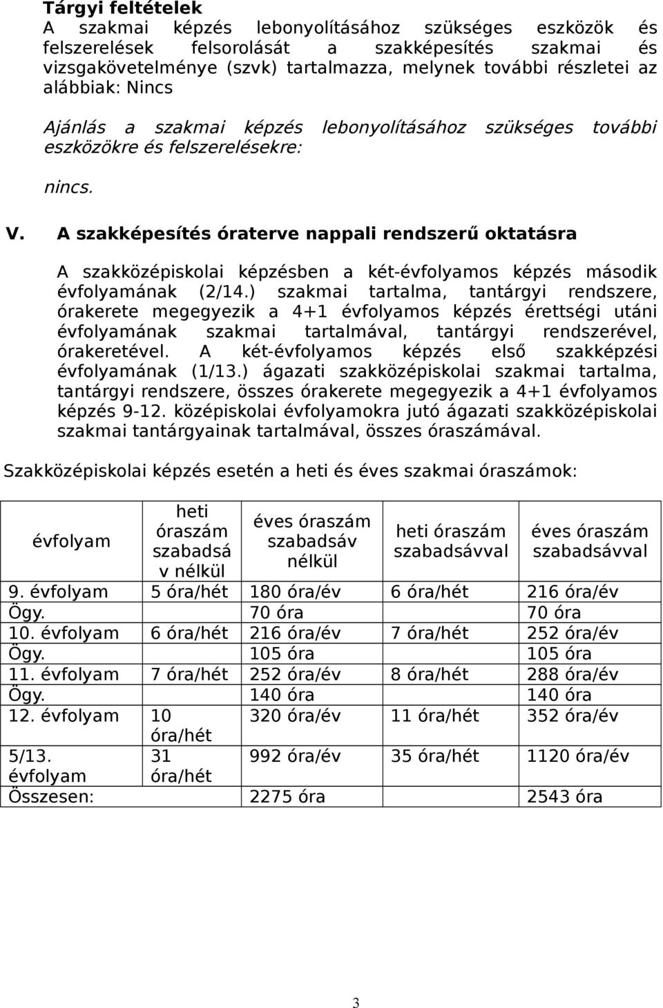 A szakképesítés óraterve nappali rendszerű oktatásra A szakközépiskolai képzésben a két-évfolyamos képzés második évfolyamának (2/14.