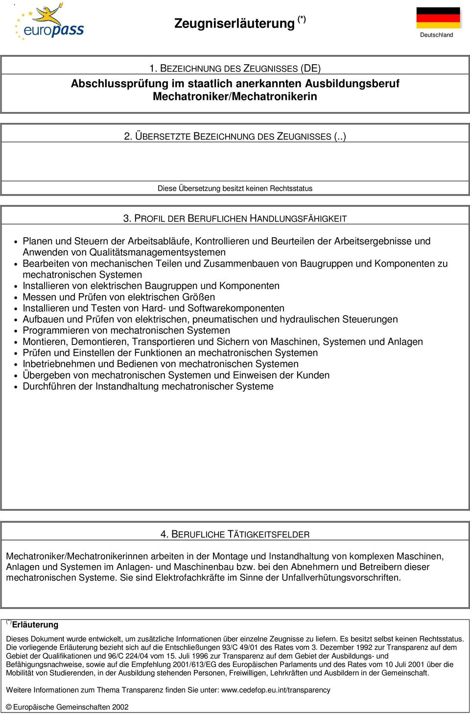 PROFIL DER BERUFLICHEN HANDLUNGSFÄHIGKEIT Planen und Steuern der Arbeitsabläufe, Kontrollieren und Beurteilen der Arbeitsergebnisse und Anwenden von Qualitätsmanagementsystemen Bearbeiten von