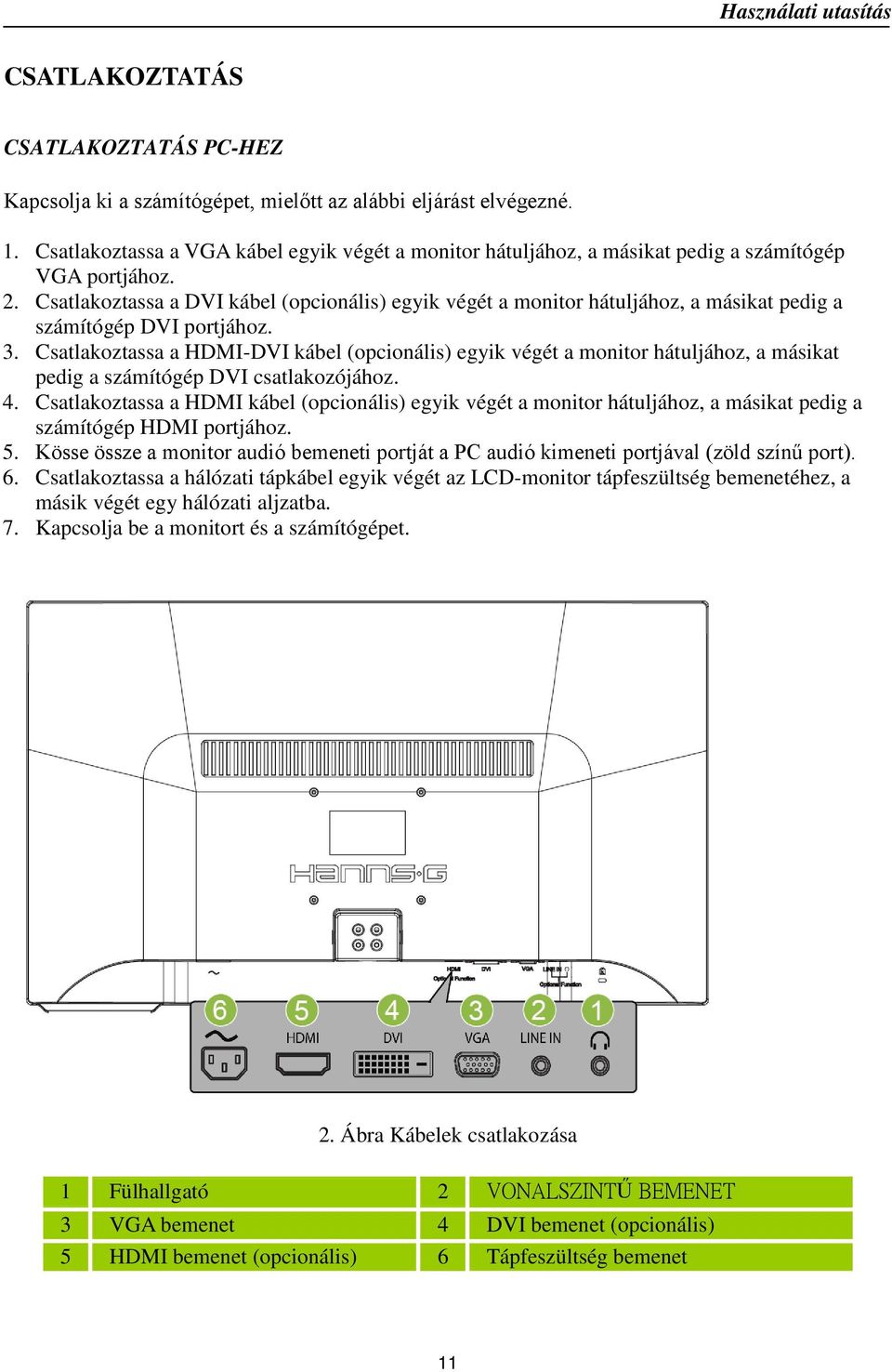 Csatlakoztassa a DVI kábel (opcionális) egyik végét a monitor hátuljához, a másikat pedig a számítógép DVI portjához. 3.