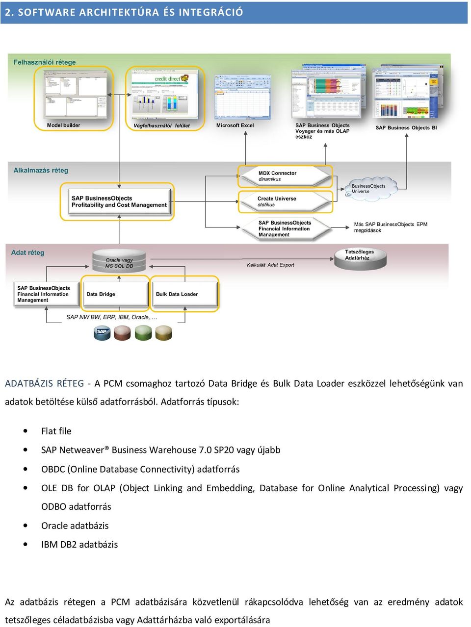 0 SP20 vagy újabb OBDC (Online Database Connectivity) adatforrás OLE DB for OLAP (Object Linking and Embedding, Database for Online Analytical