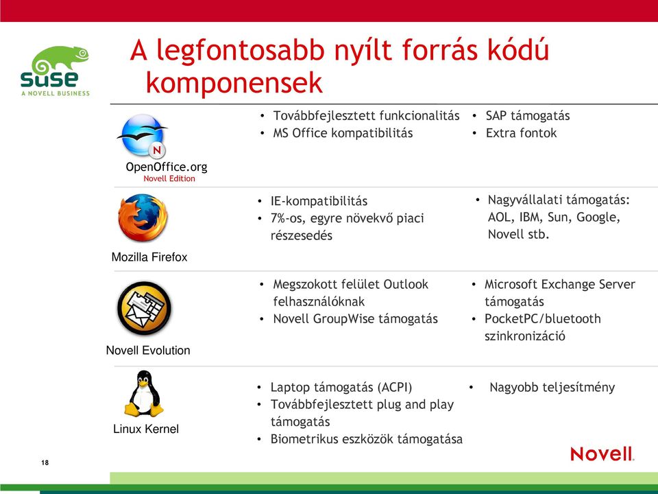 IE-kompatibilitás 7%-os, egyre növekvő piaci részesedés Mozilla Firefox Megszokott felület Outlook felhasználóknak Novell GroupWise támogatás