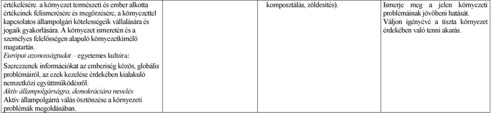 A környezet ismeretén és a személyes felelősségen alapuló környezetkímélő magatartás.
