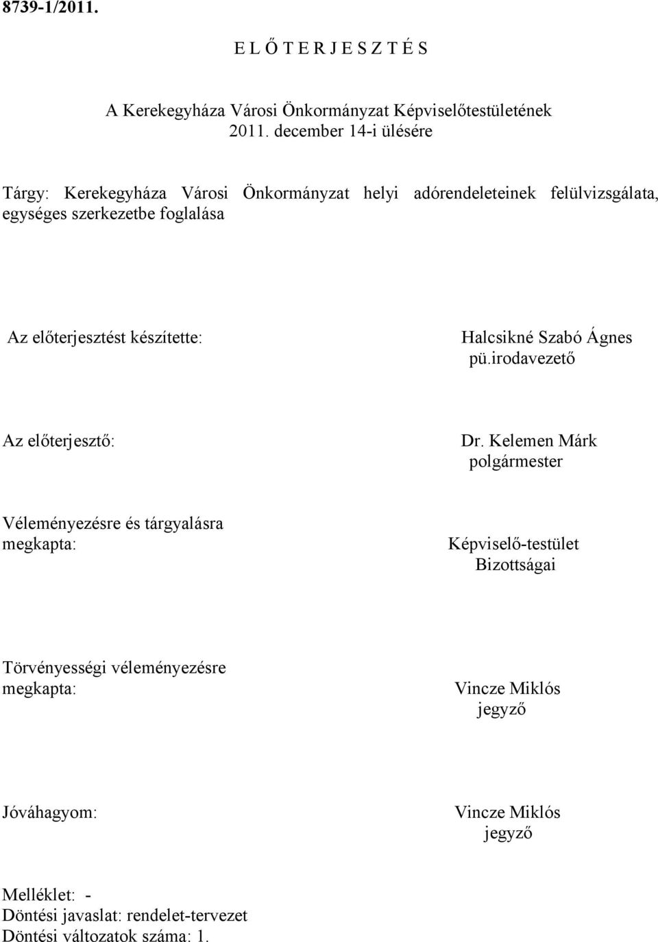 előterjesztést készítette: Halcsikné Szabó Ágnes pü.irodavezető Az előterjesztő: Dr.