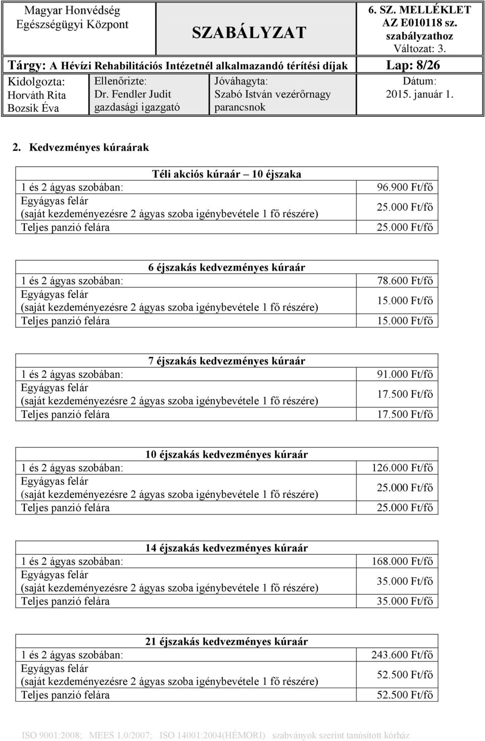 600 Ft/fő Egyágyas felár (saját kezdeményezésre 2 ágyas szoba igénybevétele 1 fő részére) 15.000 Ft/fő Teljes panzió felára 15.000 Ft/fő 7 éjszakás kedvezményes kúraár 1 és 2 ágyas szobában: 91.