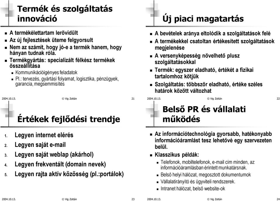 Vig Zoltán 21 Értékek fejlõdési trendje 1. Legyen internet elérés 2. Legyen saját e-mail 3. Legyen saját weblap (akárhol) 4. Legyen frekventált (domain nevek) 5. Legyen rajta aktív közösség (pl.