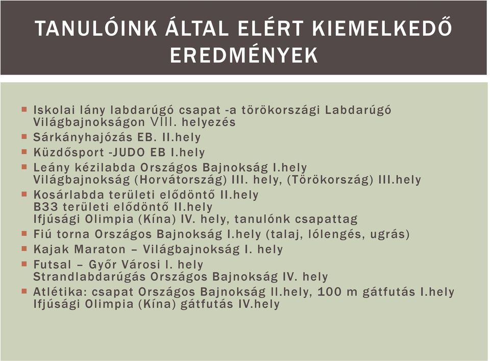 hely B33 területi elődöntő II.hely Ifjúsági Olimpia (Kína) IV. hely, tanulónk csapattag Fiú torna Országos Bajnokság I.