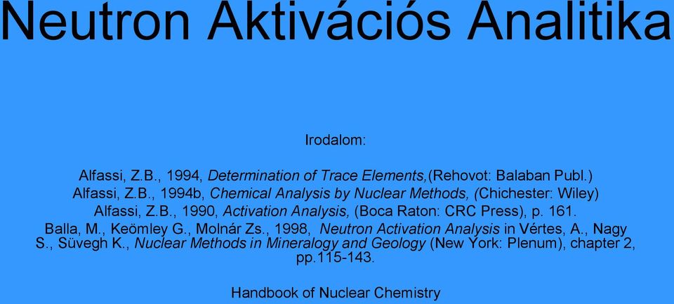 161. Balla, M., Keömley G., Molnár Zs., 1998, Neutron Activation Analysis in Vértes, A., Nagy S., Süvegh K.