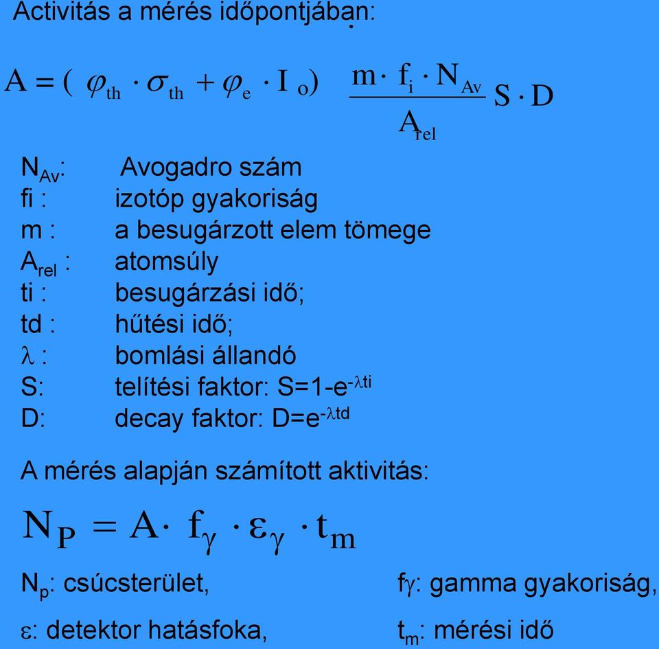 S: telítési faktor: S=1-e -lti D: decay faktor: D=e -ltd f i A rel N Av S D A mérés alapján számított