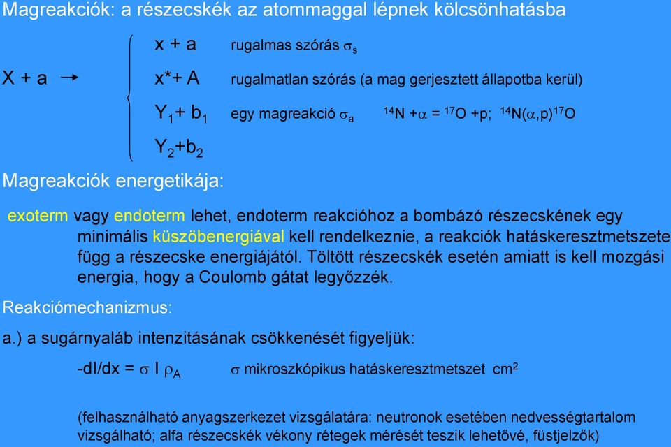 hatáskeresztmetszete függ a részecske energiájától. Töltött részecskék esetén amiatt is kell mozgási energia, hogy a Coulomb gátat legyőzzék. Reakciómechanizmus: a.