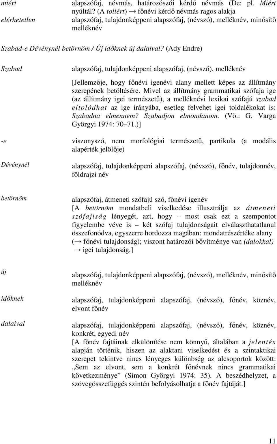 (Ady Endre) Szabad -e Dévénynél alapszófaj, tulajdonképpeni alapszófaj, (névszó), melléknév [Jellemzıje, hogy fınévi igenévi alany mellett képes az állítmány szerepének betöltésére.