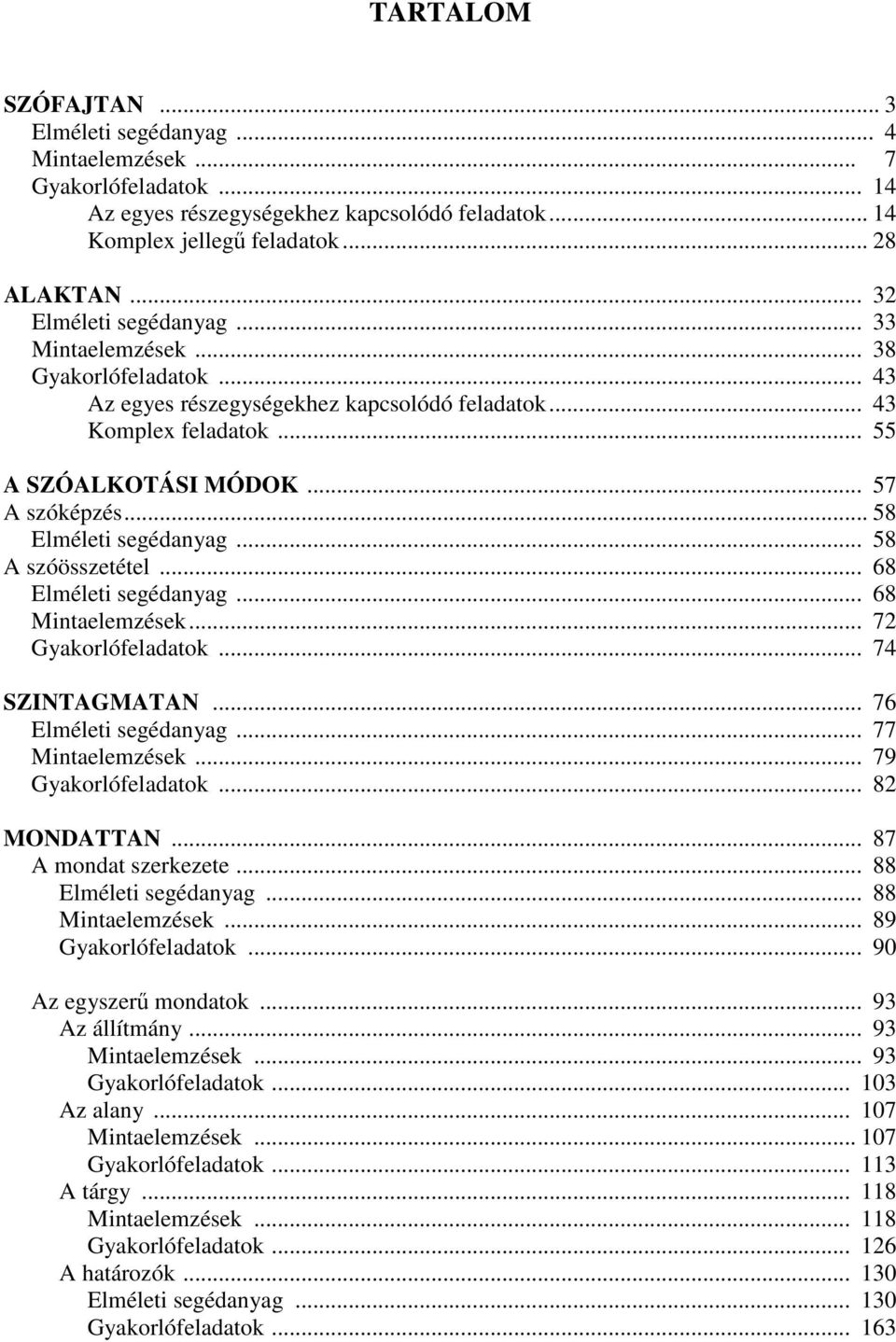 .. 58 Elméleti segédanyag... 58 A szóösszetétel... 68 Elméleti segédanyag... 68 Mintaelemzések... 72 Gyakorlófeladatok... 74 SZINTAGMATAN... 76 Elméleti segédanyag... 77 Mintaelemzések.