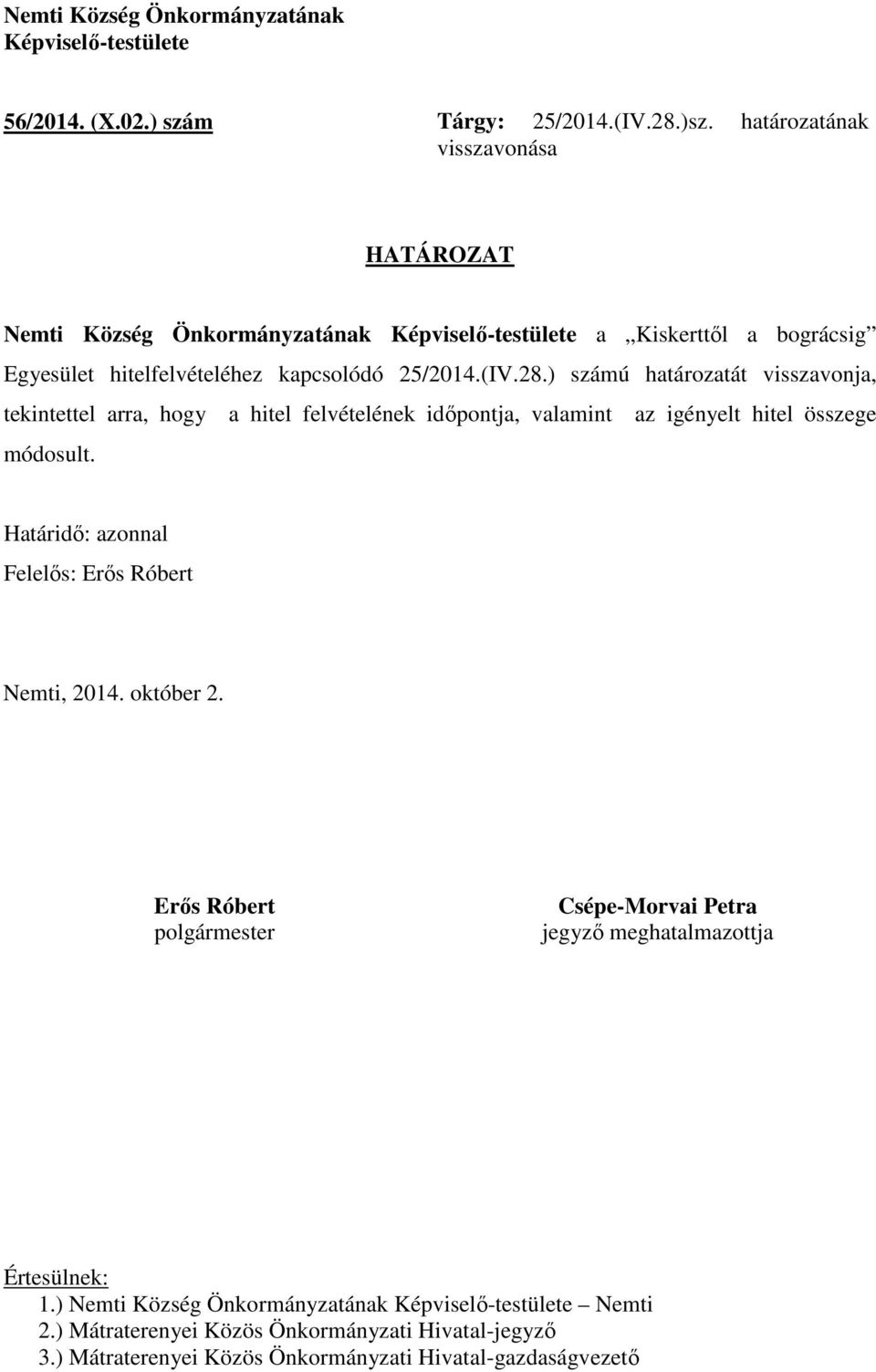 28.) számú határozatát visszavonja, tekintettel arra, hogy a hitel felvételének időpontja, valamint az igényelt hitel összege módosult.