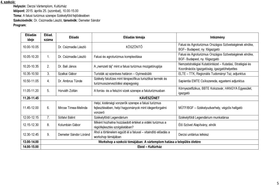 Csizmadia László Falusi és agroturizmus komplexitása Falusi és Agroturizmus Országos Szövetségének elnöke, BGF- Budapest, ny. főigazgató 10.20-10.35 2. Dr.