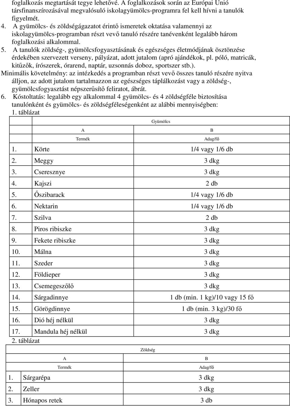 A tanulók zöldség-, gyümölcsfogyasztásának és egészséges életmódjának ösztönzése érdekében szervezett verseny, pályázat, adott jutalom (apró ajándékok, pl.