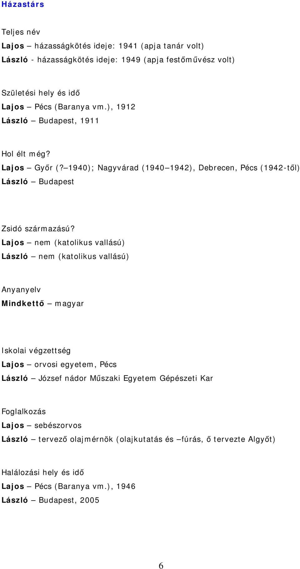 Lajos nem (katolikus vallású) László nem (katolikus vallású) Anyanyelv Mindkettő magyar Iskolai végzettség Lajos orvosi egyetem, Pécs László József nádor Műszaki Egyetem