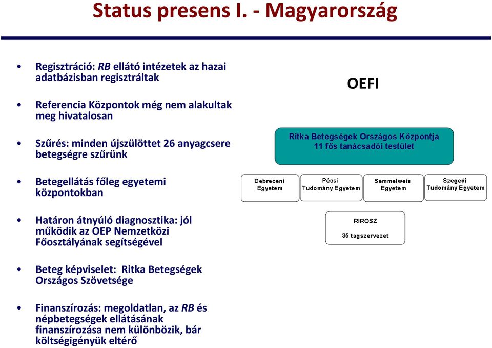 hivatalosan OEFI Szűrés: minden újszülöttet 26 anyagcsere betegségre szűrünk Betegellátás főleg egyetemi központokban Határon