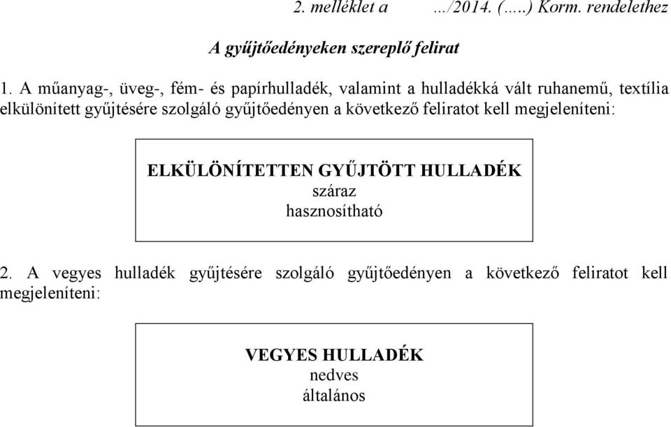 gyűjtésére szolgáló gyűjtőedényen a következő feliratot kell megjeleníteni: ELKÜLÖNÍTETTEN GYŰJTÖTT HULLADÉK