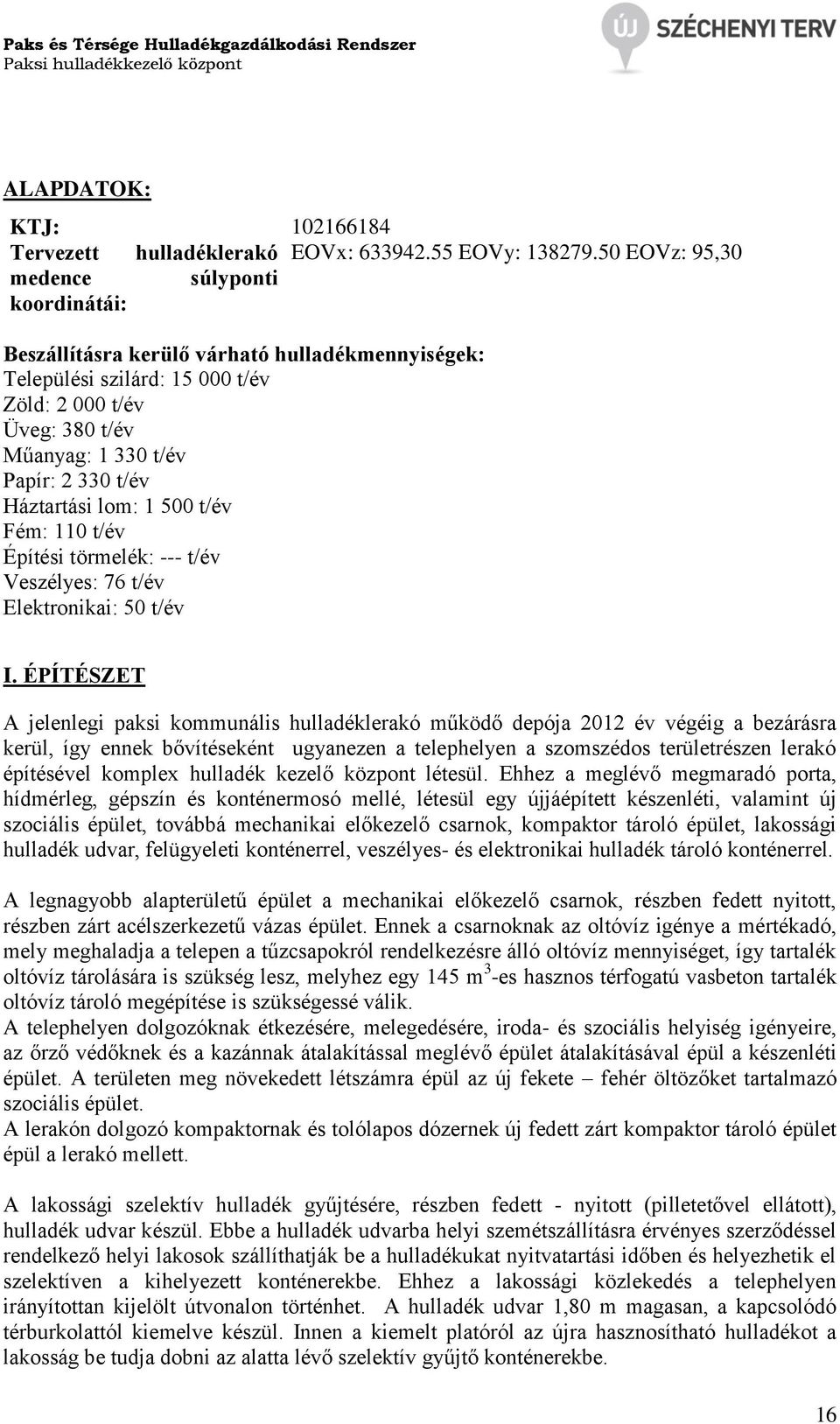 Háztartási lom: 1 500 t/év Fém: 110 t/év Építési törmelék: --- t/év Veszélyes: 76 t/év Elektronikai: 50 t/év I.