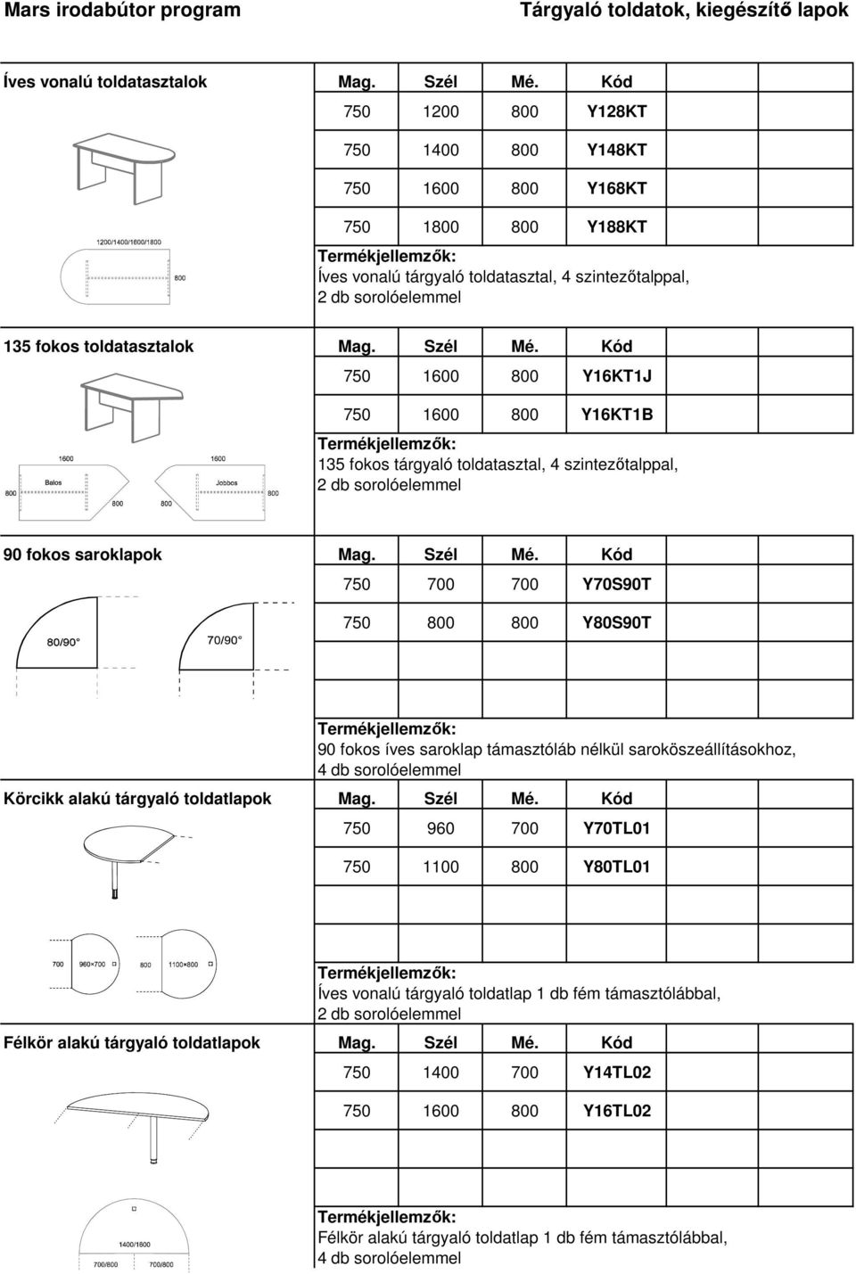 800 800 Y80S90T 90 fokos íves saroklap támasztóláb nélkül saroköszeállításokhoz, 4 db sorolóelemmel Körcikk alakú tárgyaló toldatlapok 750 960 700 Y70TL01 750 1100 800 Y80TL01 Íves vonalú tárgyaló