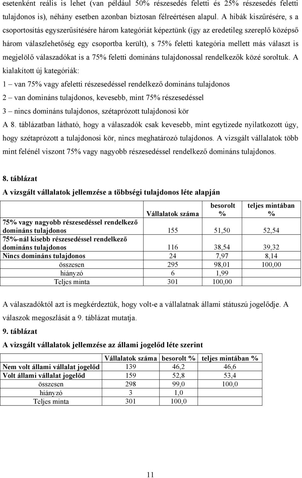 választ is megjelölő válaszadókat is a 75% feletti domináns tulajdonossal rendelkezők közé soroltuk.