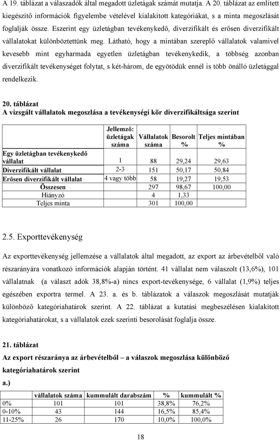 Eszerint egy üzletágban tevékenykedő, diverzifikált és erősen diverzifikált vállalatokat különböztettünk meg.