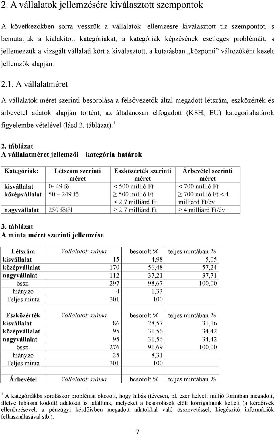 A vállalatméret A vállalatok méret szerinti besorolása a felsővezetők által megadott létszám, eszközérték és árbevétel adatok alapján történt, az általánosan elfogadott (KSH, EU) kategóriahatárok