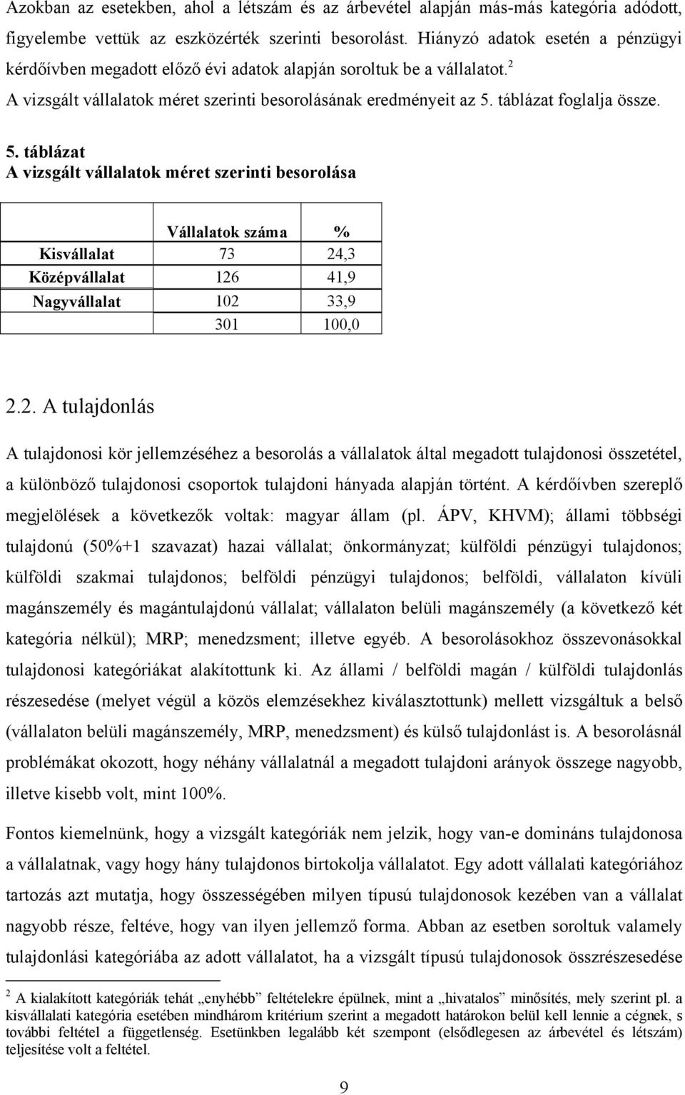 5. táblázat A vizsgált vállalatok méret szerinti besorolása Vállalatok száma % Kisvállalat 73 24