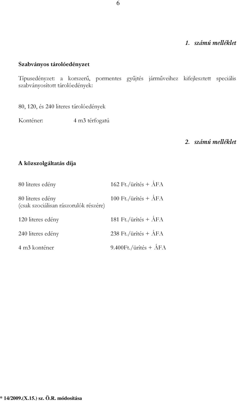 számú melléklet A közszolgáltatás díja 80 literes edény 162 Ft./ürítés + ÁFA 80 literes edény 100 Ft.