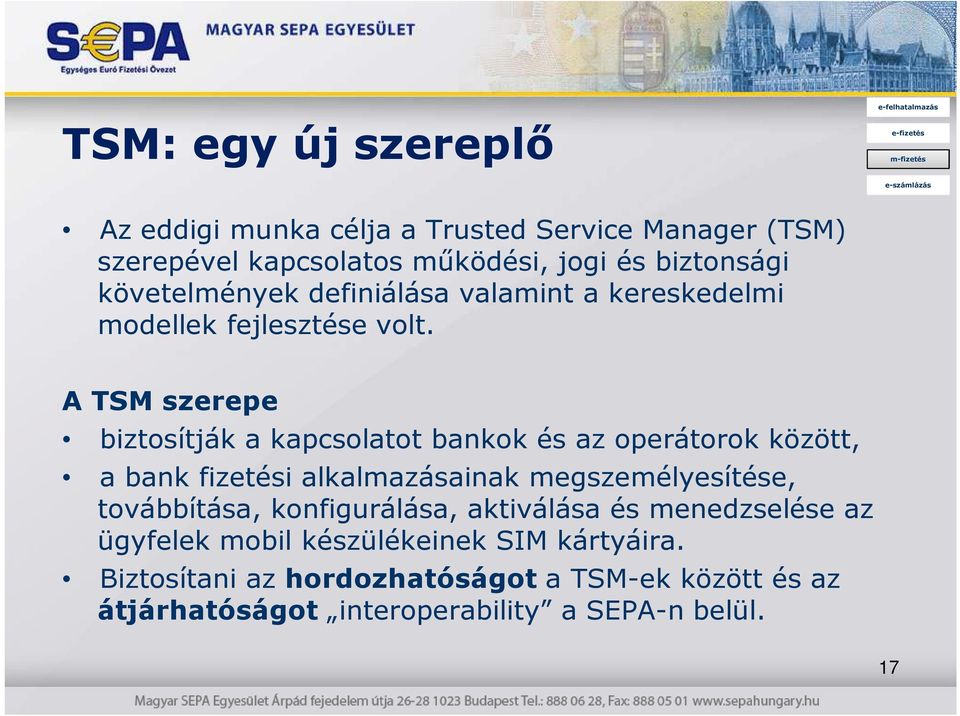 A TSM szerepe biztosítják a kapcsolatot bankok és az operátorok között, a bank fizetési alkalmazásainak megszemélyesítése,