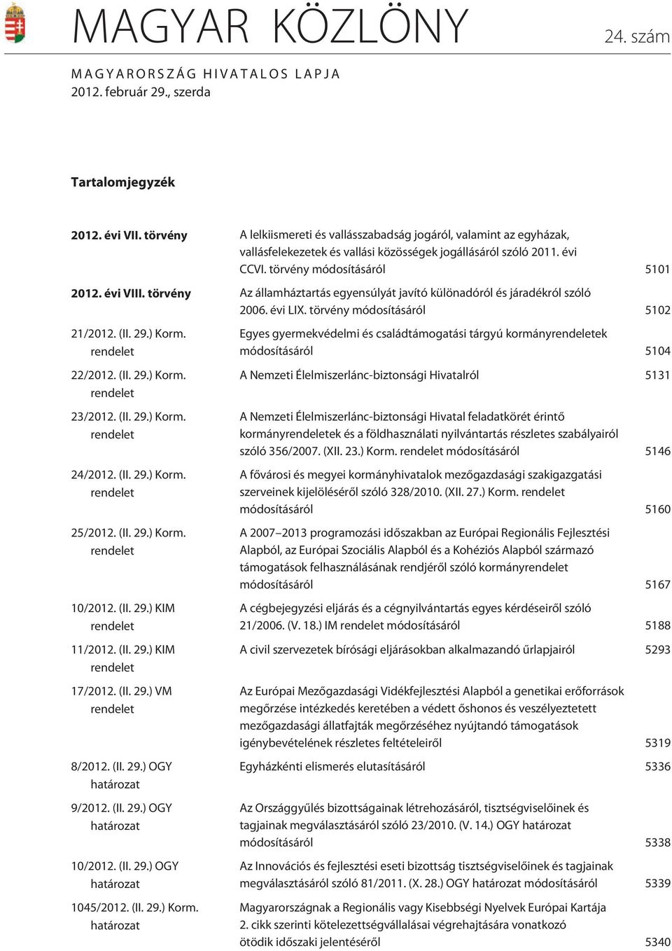 törvény Az államháztartás egyensúlyát javító különadóról és járadékról szóló 2006. évi LIX. törvény módosításáról 5102 21/2012. (II. 29.) Korm. rendelet 22/2012. (II. 29.) Korm. rendelet 23/2012. (II. 29.) Korm. rendelet 24/2012.