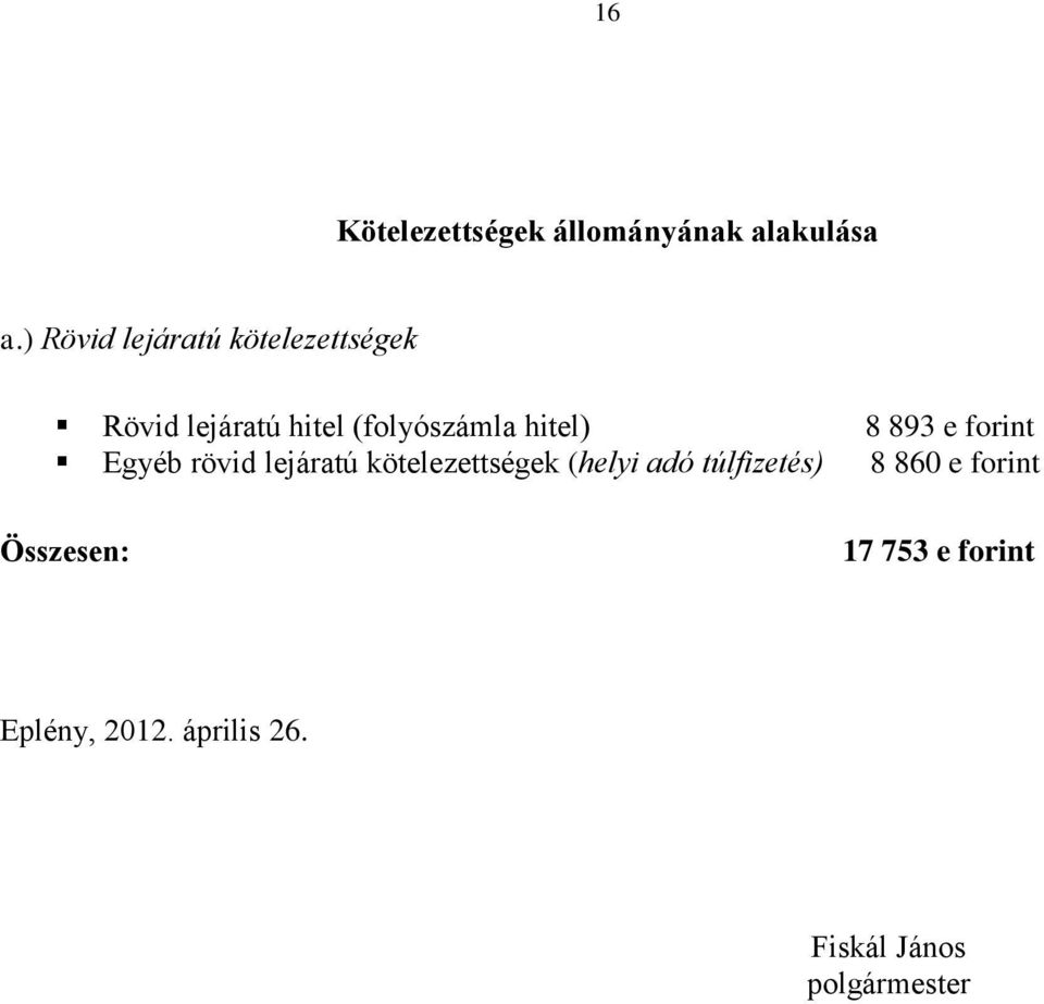 hitel) 8 893 e forint Egyéb rövid lejáratú kötelezettségek (helyi adó