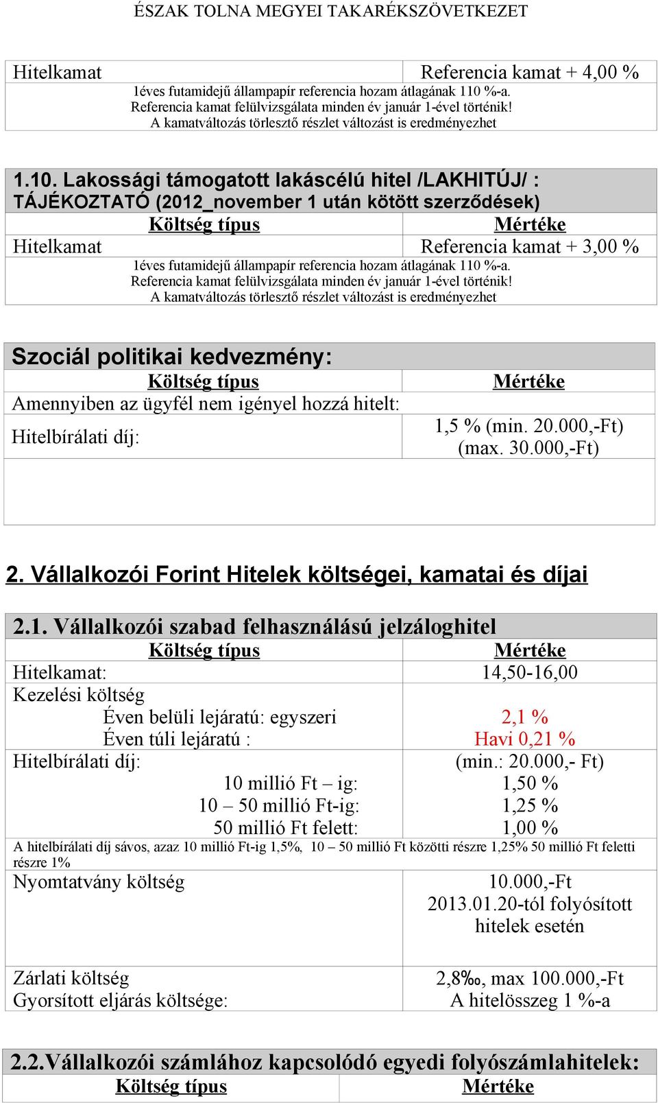 Lakossági támogatott lakáscélú hitel /LAKHITÚJ/ : TÁJÉKOZTATÓ (2012_november 1 után kötött szerződések) Hitelkamat Referencia kamat + 3,00 % 1éves futamidejű állampapír referencia hozam átlagának 110