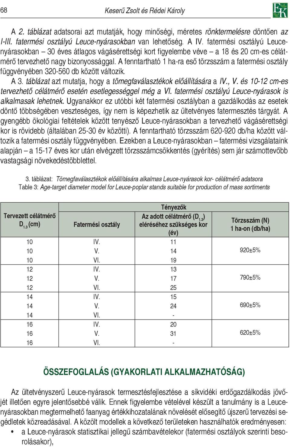 A fenntartható 1 ha-ra eső törzsszám a fatermési osztály függvényében 320-560 db között változik. A 3. táblázat azt mutatja, hogy a tömegfaválasztékok előállítására a IV., V.