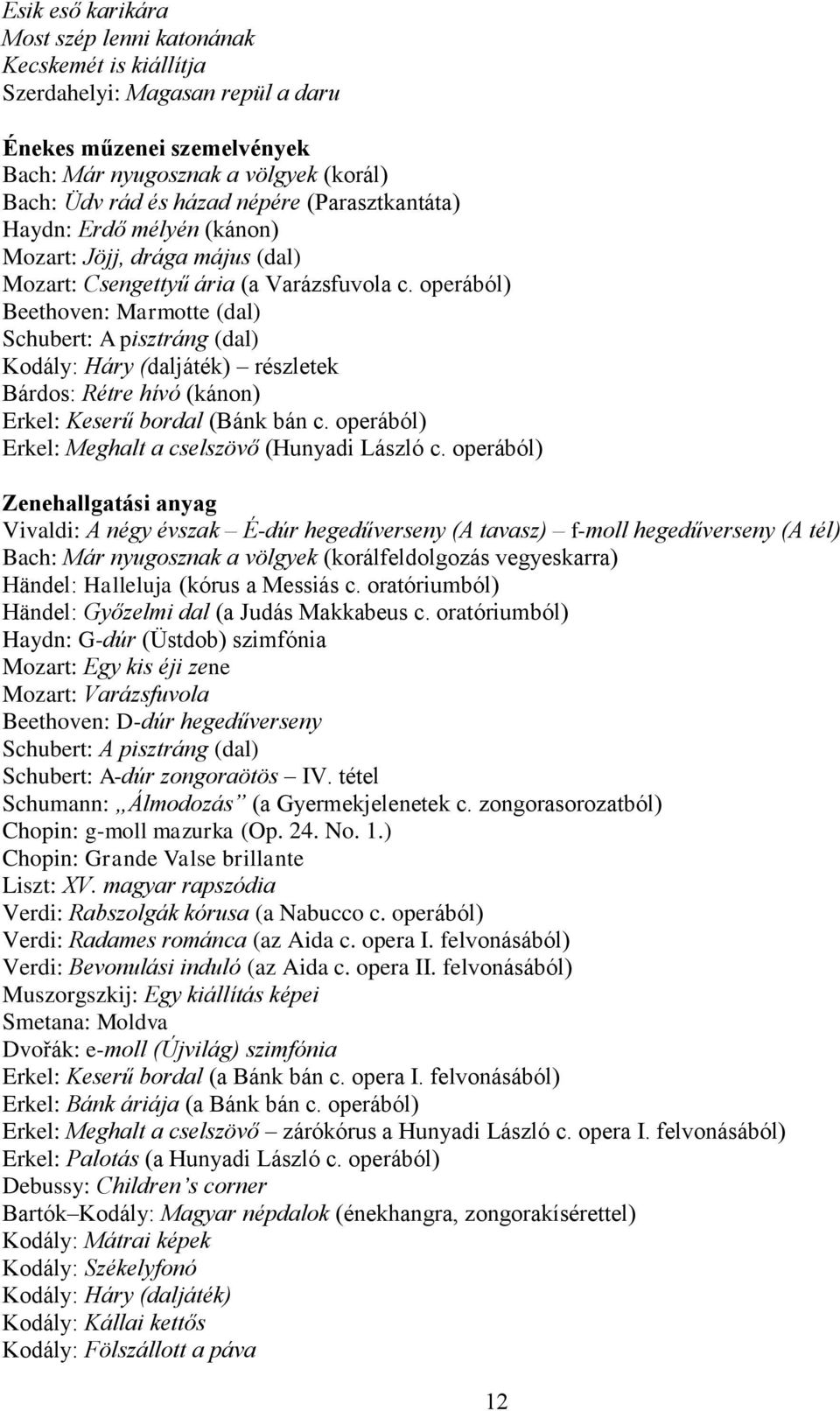 operából) Beethoven: Marmotte (dal) Schubert: A pisztráng (dal) Kodály: Háry (daljáték) részletek Bárdos: Rétre hívó (kánon) Erkel: Keserű bordal (Bánk bán c.