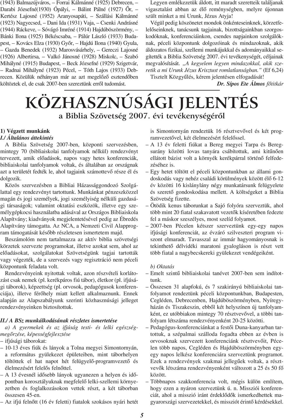 Benedek (1932) Marosvásárhely, Gereczi Lajosné (1926) Albertirsa, Valkó Jánosné (1928) Miskolc, Szabó Mihályné (1915) Budapest, Beck Józsefné (1929) Szigetvár, Radnai Mihályné (1923) Pécel, Tóth