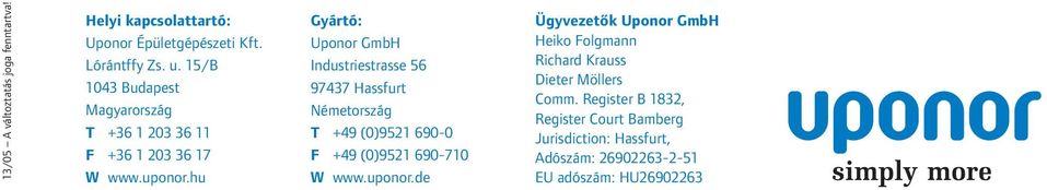 hu Gyártó: Uponor GmbH Industriestrasse 56 97437 Hassfurt Németország T +49 (0)9521 690-0 F +49 (0)9521 690-710 W www.