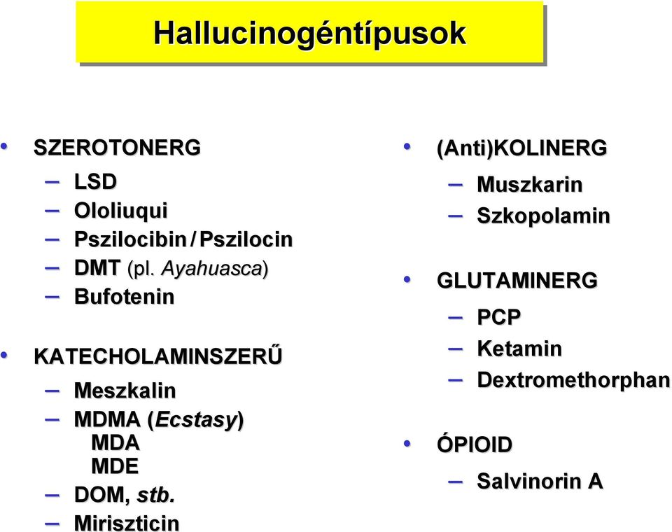 Ayahuasca ca) Bufotenin KATECLAMISZERŰ Meszk zkalin MDMA (Ecstasy(