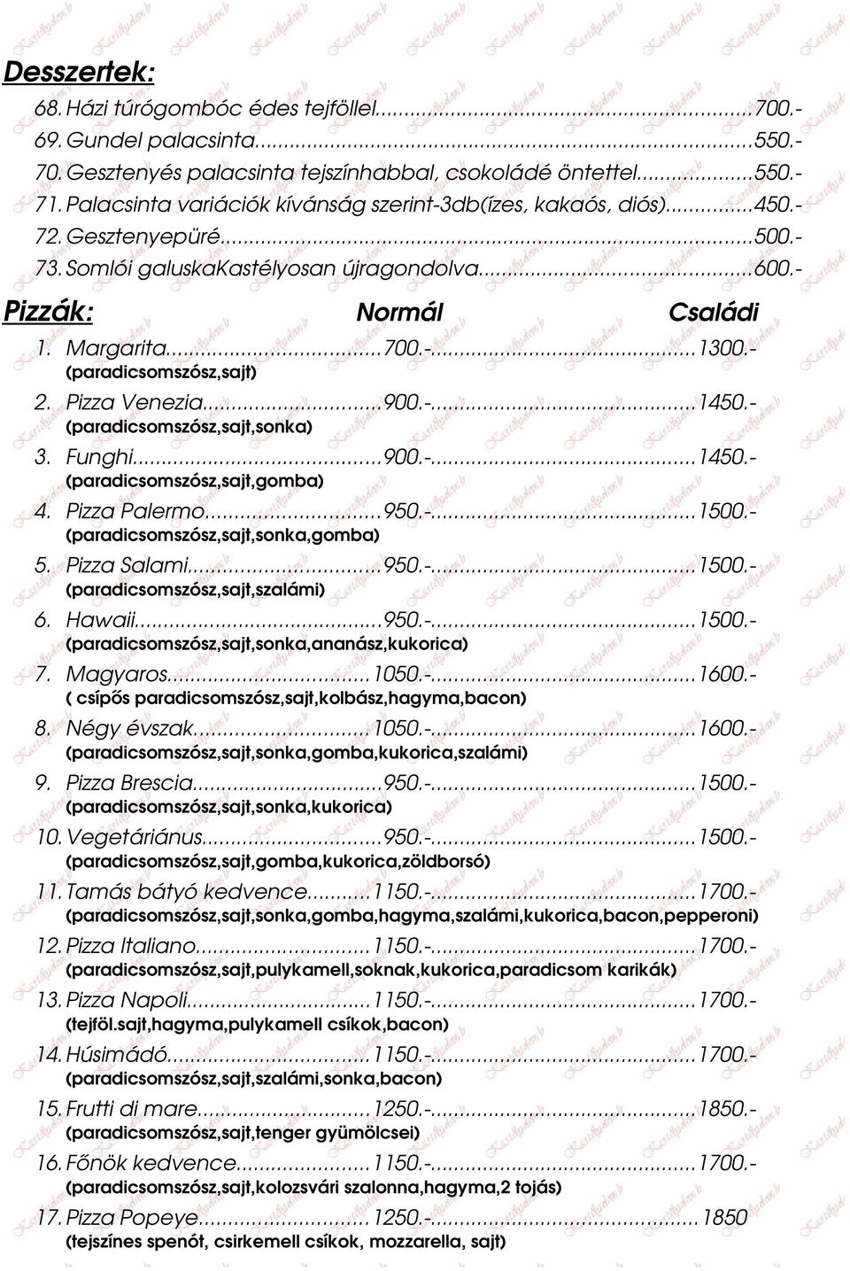 (paradicsomszósz,sajt) 2. Pizza Venezia...900....1450. (paradicsomszósz,sajt,sonka) 3. Funghi...900....1450. (paradicsomszósz,sajt,gomba) 4. Pizza Palermo...950....1500.