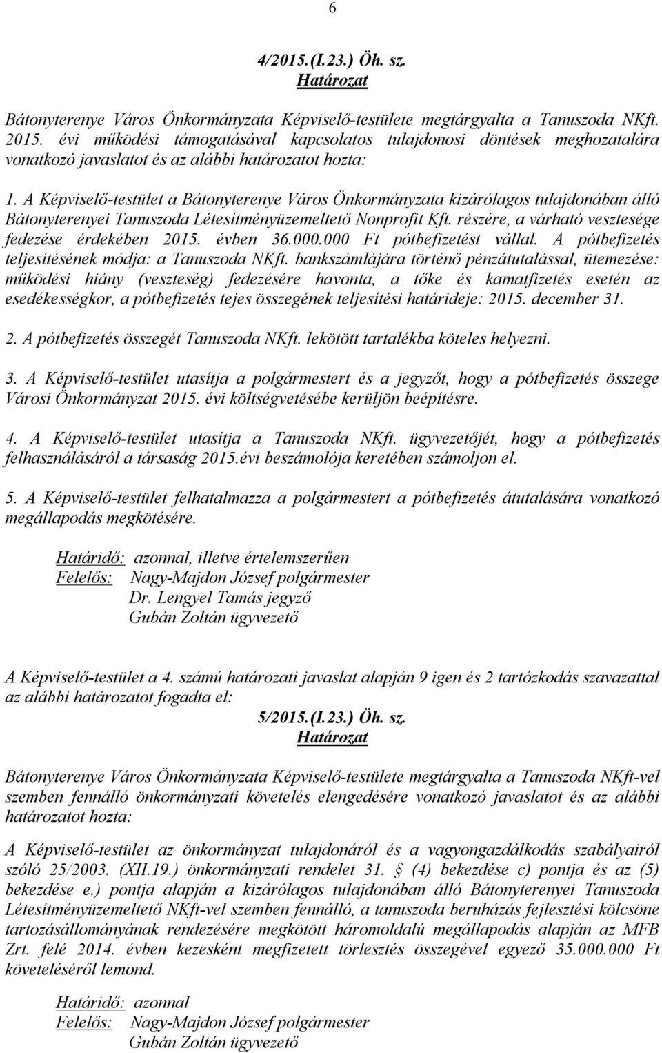 A Képviselő-testület a Bátonyterenye Város Önkormányzata kizárólagos tulajdonában álló Bátonyterenyei Tanuszoda Létesítményüzemeltető Nonprofit Kft.