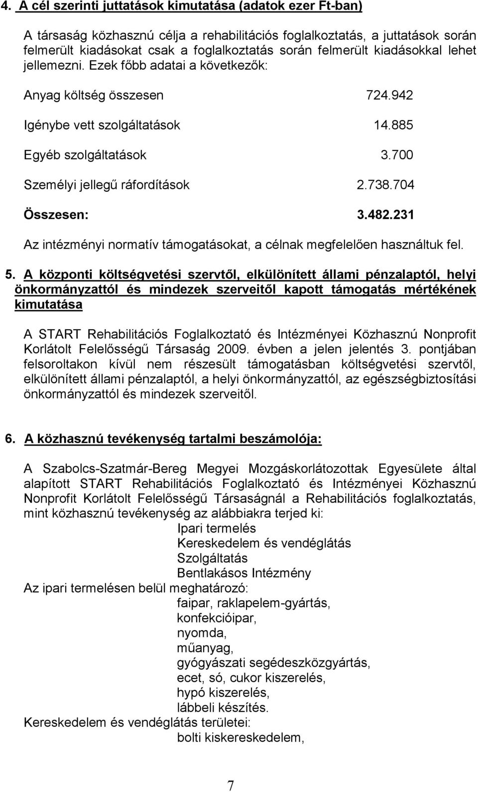 704 Összesen: 3.482.231 Az intézményi normatív támogatásokat, a célnak megfelelıen használtuk fel. 5.