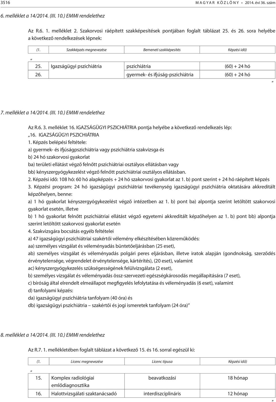 gyermek- és ifjúság-pszichiátria (60) + 24 hó 7. melléklet a 14/2014. (III. 10.) EMMI rendelethez Az R.6. 3. melléklet 16. IGAZSÁGÜGYI PSZICHIÁTRIA pontja helyébe a következő rendelkezés lép: 16.