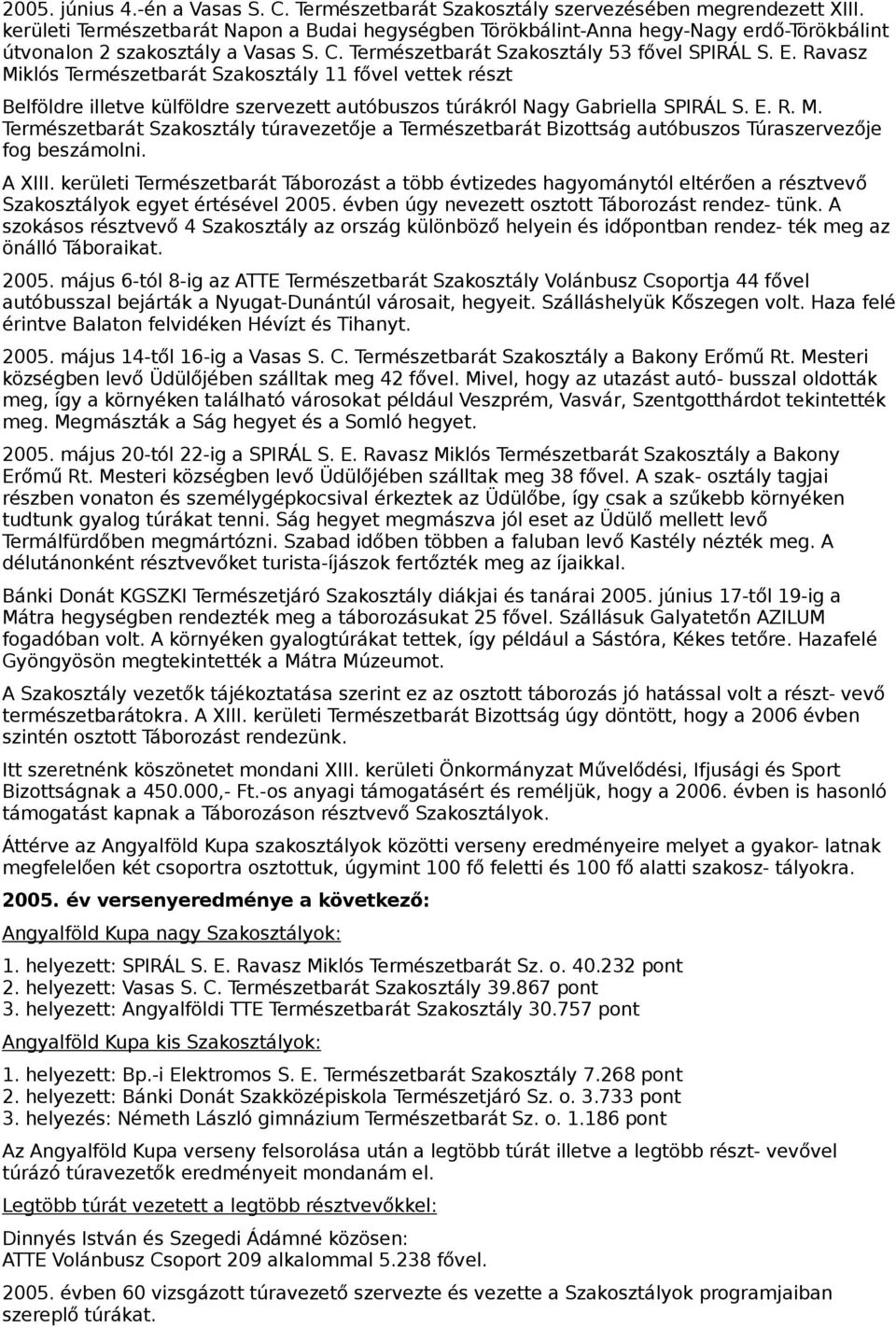 Ravasz Miklós Természetbarát Szakosztály 11 fővel vettek részt Belföldre illetve külföldre szervezett autóbuszos túrákról Nagy Gabriella SPIRÁL S. E. R. M. Természetbarát Szakosztály túravezetője a Természetbarát Bizottság autóbuszos Túraszervezője fog beszámolni.