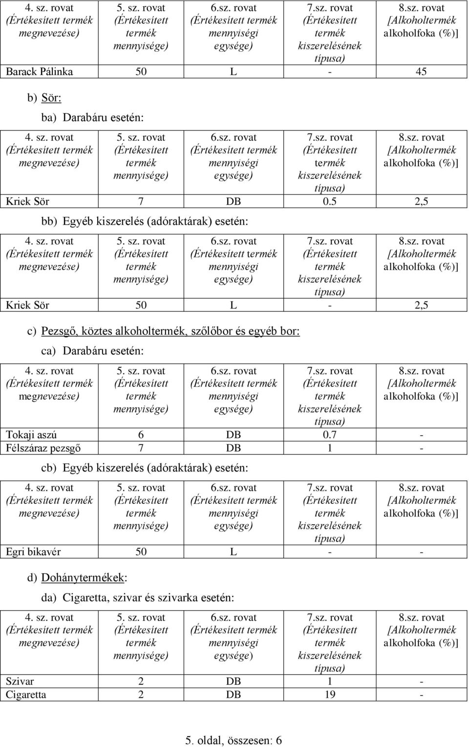 egyéb bor: ca) Darabáru esetén: [Alkohol Tokaji aszú 6 DB 0.