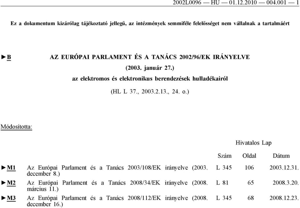 2002/96/EK IRÁNYELVE (2003. január 27.) az elektromos és elektronikus berendezések hulladékairól (HL L 37., 2003.2.13., 24. o.
