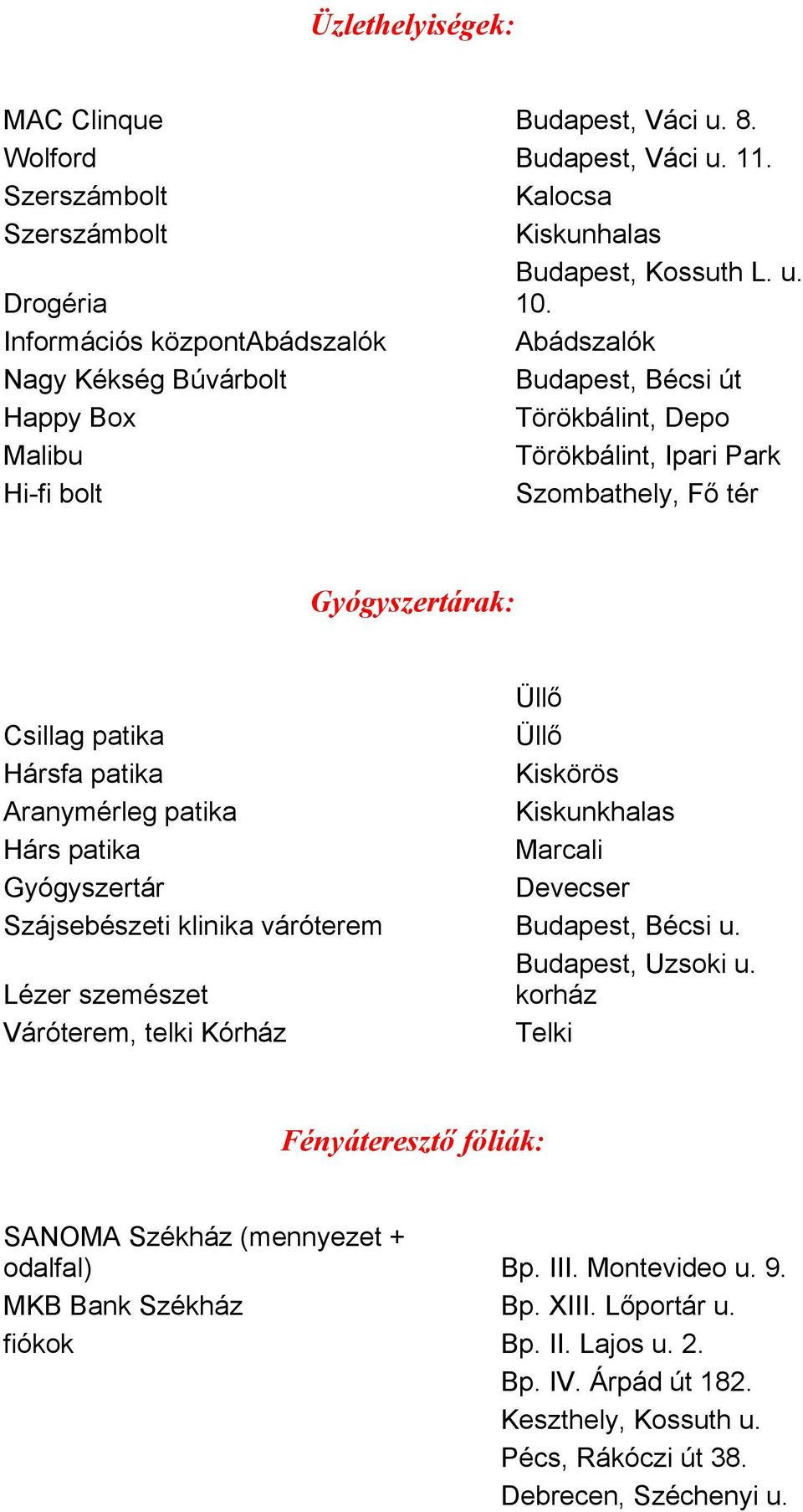 patika Üllő Hársfa patika Kiskörös Aranymérleg patika Kiskunkhalas Hárs patika Marcali Gyógyszertár Devecser Szájsebészeti klinika váróterem, Bécsi u., Uzsoki u.